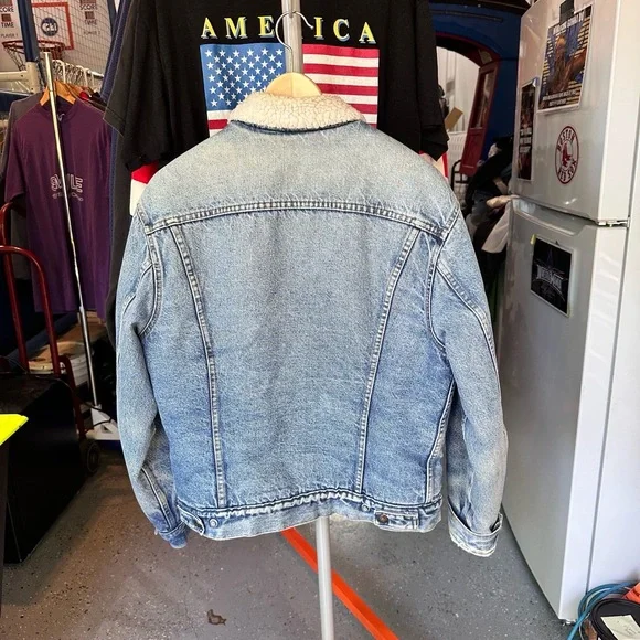 Levis Vintage 1970s 1960s Made USA Sherpa Collar Button Up Waist Denim Jacket - Picture 7 of 7